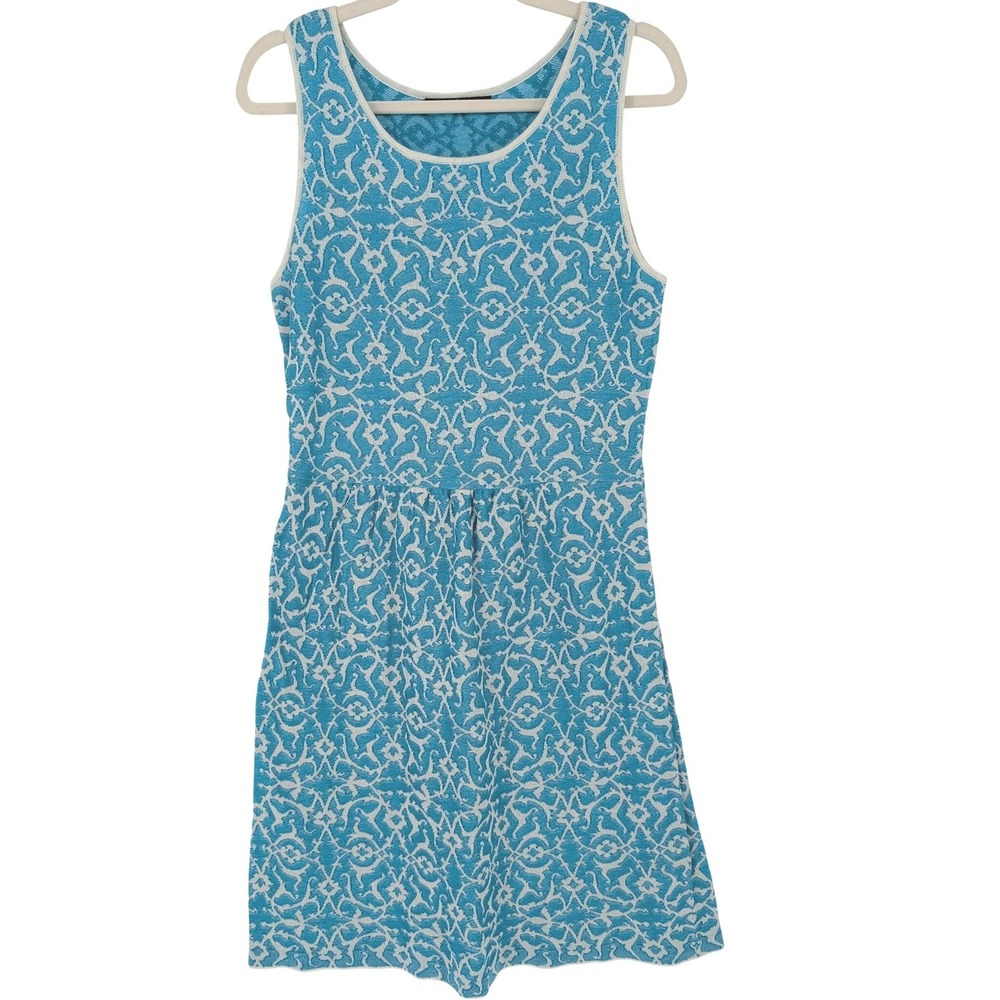 Peruvian Connection Boho Bahia Sundress M Turquoise Cotton Knit Damask Artisan